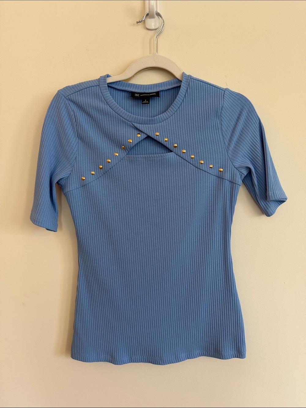INC Blue Ribbed Short Sleeve Top with Gold Stud Accents